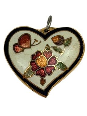 Vintage 70s Cloisonné Heart Pendant Butterfly Flower Enamel Boho Hippie Charm